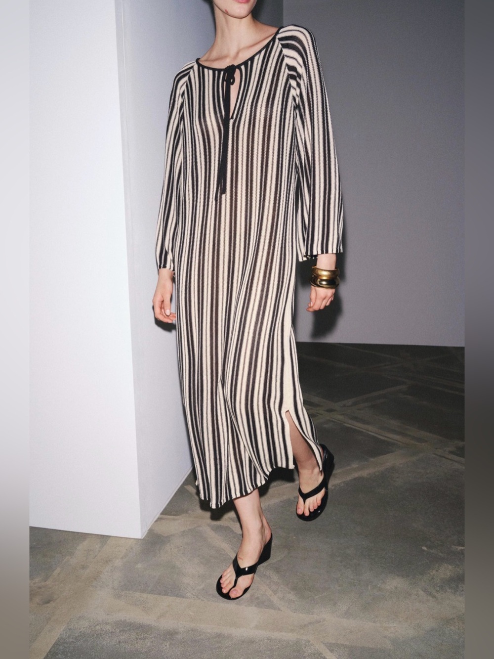 Zara Black and Cream Linen Blend Vertical Stripe Long Sleeve Maxi Dress